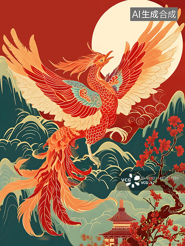 【AI数字艺术】凤凰国风插画图片素材