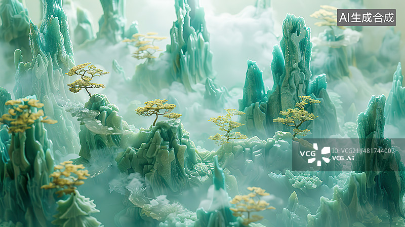 【AI数字艺术】翡翠绿国潮风中国山水画图片素材