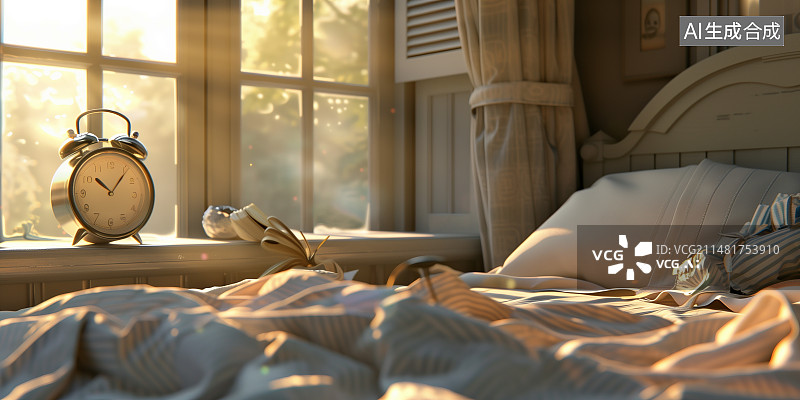 【AI数字艺术】清晨阳光照入卧室床上场景插画图片素材