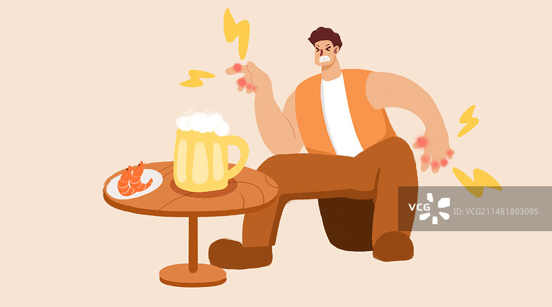 卡通手绘痛风男人喝酒吃海鲜插画图片素材
