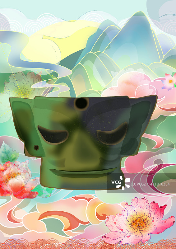 国风插画传统文化博物馆三星堆考古挖掘中国古代国宝国家宝藏博物馆藏品的春天插画海报图片素材