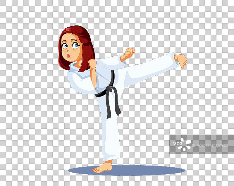 身穿白色和服的空手道女人踢腿图片素材