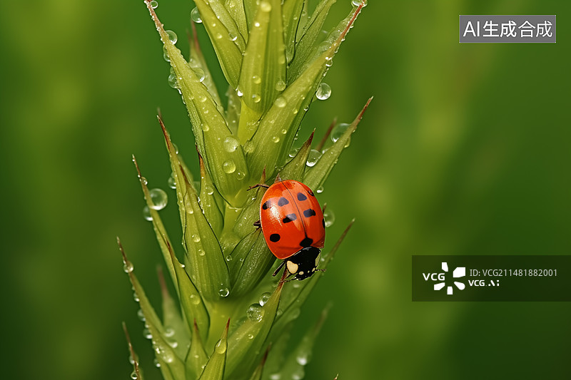 【AI数字艺术】麦穗上的七星瓢虫，节气背景，谷雨，惊蛰，背景，田野，麦田，麦穗，生态背景图图片素材