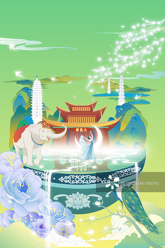 绿色国潮风云南城市旅游插画图片素材
