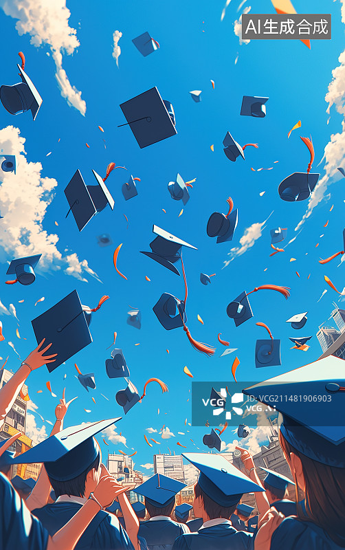 【AI数字艺术】天空中飞扬的学士帽，毕业季海报，研究生考试，升学就业图片素材