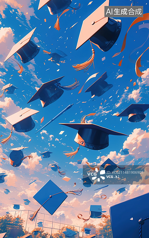 【AI数字艺术】天空中飞扬的学士帽，毕业季海报，研究生考试，升学就业图片素材