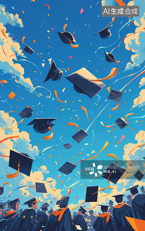 【AI数字艺术】天空中飞扬的学士帽，毕业季海报，研究生考试，升学就业图片素材