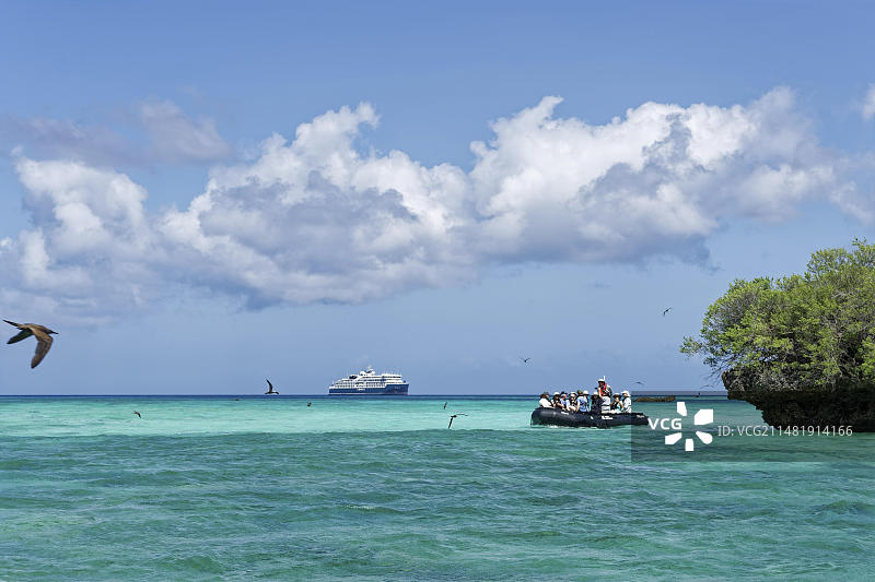 塞舌尔阿尔达布拉环礁的蘑菇石、碧蓝海水和蓝天图片素材