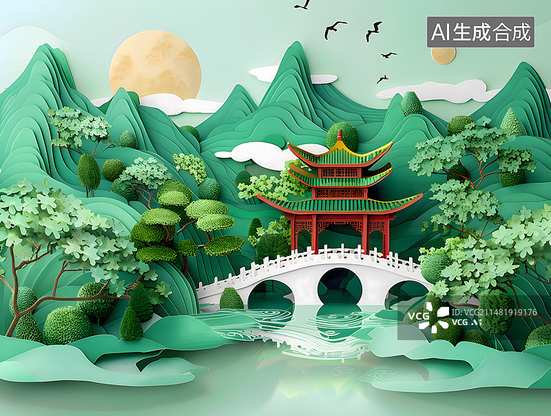 【AI数字艺术】立体剪纸风格的中国山水图图片素材