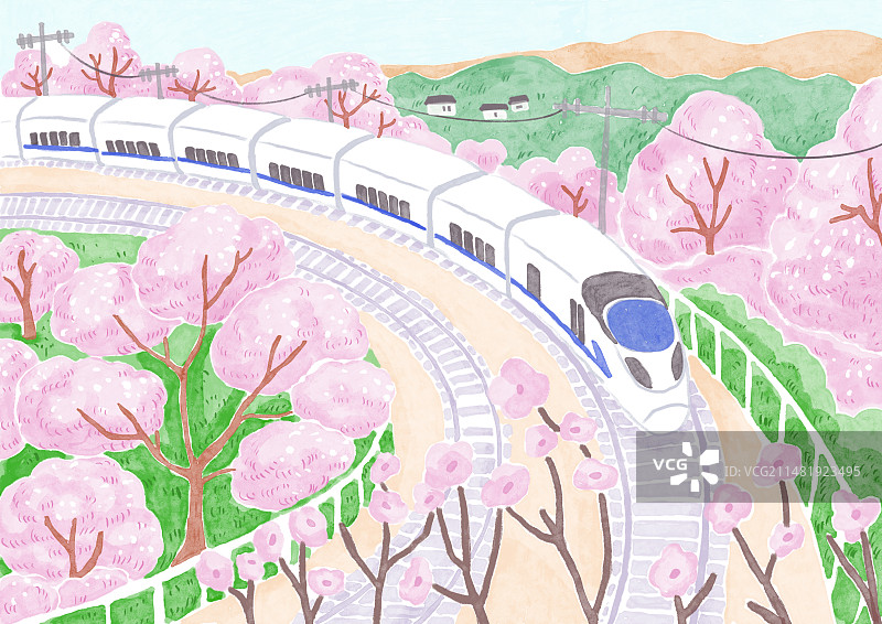 开往春天的高铁桃花风景插画图片素材