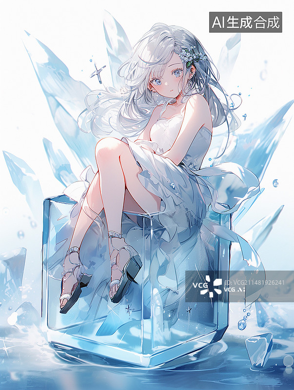 【AI数字艺术】冬天坐在冰块上的卡通白发女孩图片素材
