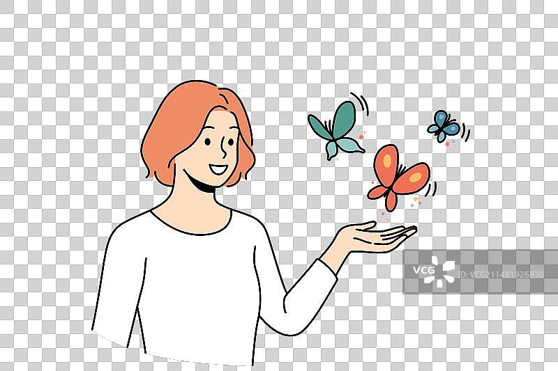 面带微笑的女人与蝴蝶图片素材