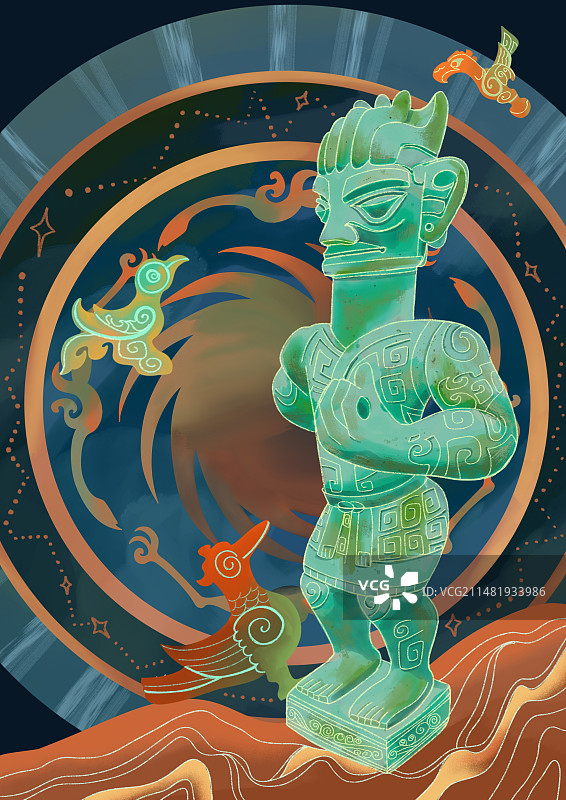 国潮三星堆青铜人青铜鸟海报插画及元素图片素材