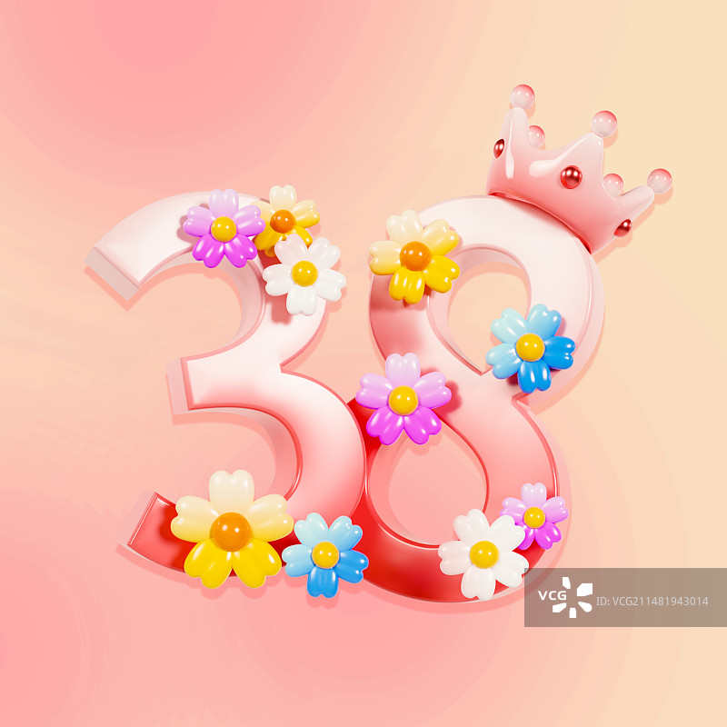 3D渲染的花朵妇女节38数字花卉数字节日元素王冠元素插画图片素材