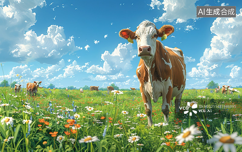 【AI数字艺术】春天大草原上的奶牛，牧场插画图片素材