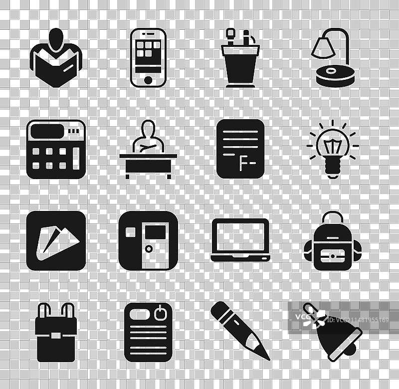 铃铛、书包、灯泡学校图标图片素材