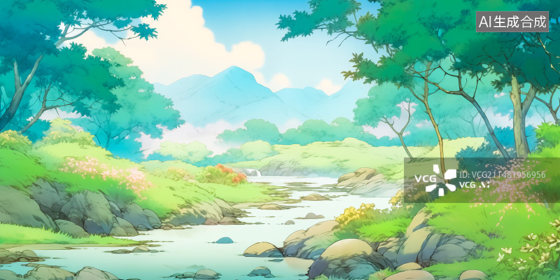 【AI数字艺术】春天水彩插画，中国风世外桃源图片素材