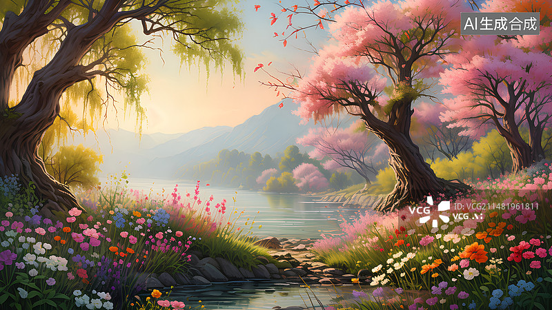 【AI数字艺术】一条小河边盛开的樱花图片素材