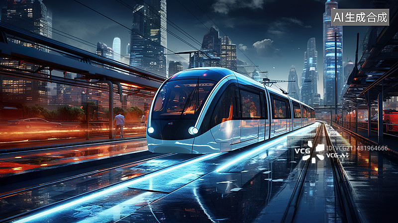 【AI数字艺术】未来科技感城市中轻轨地铁图片素材