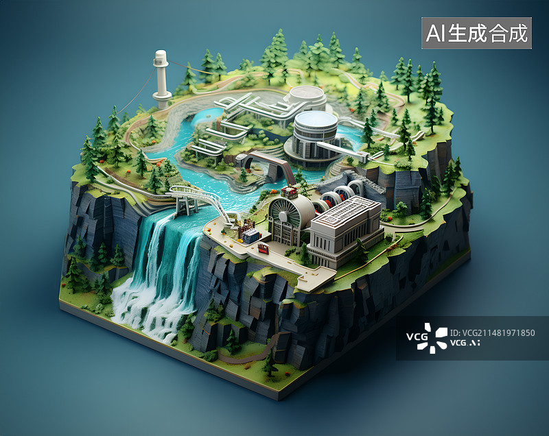 【AI数字艺术】3D模型的水力发电站，潮汐发电站图片素材