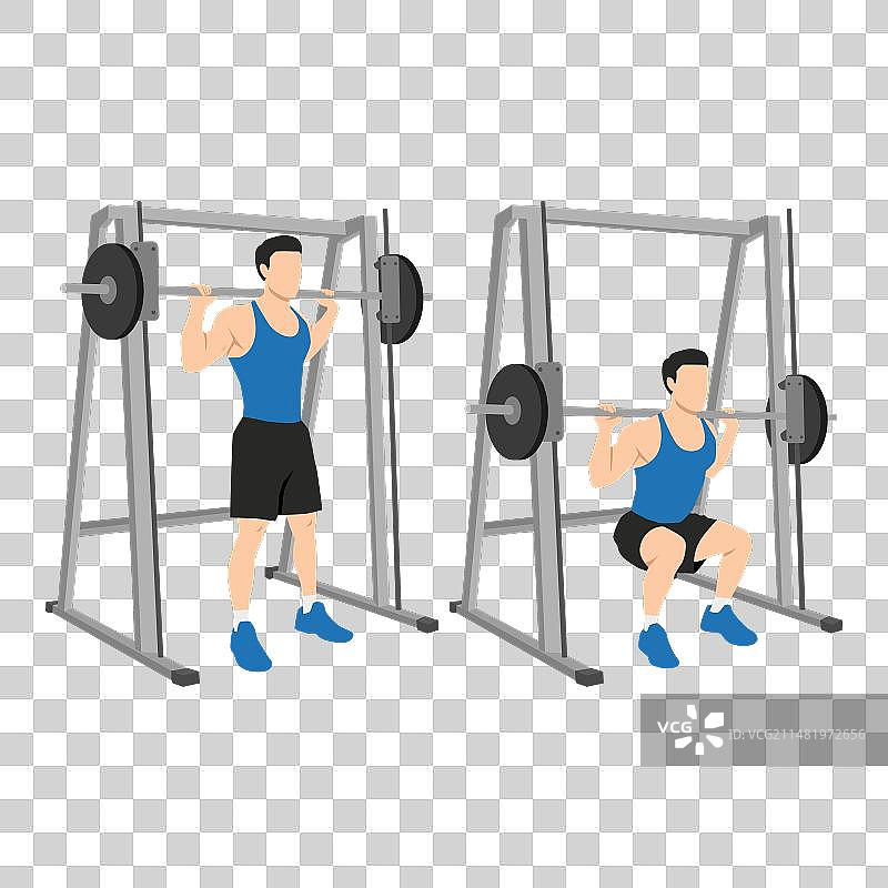 男人用史密斯机做杠铃深蹲图片素材