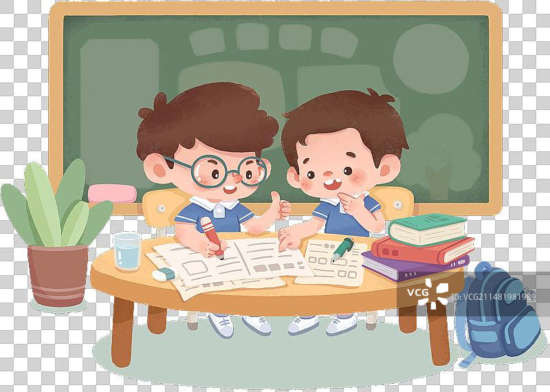 两个可爱的小朋友在黑板前的圆桌上讨论学习问题图片素材