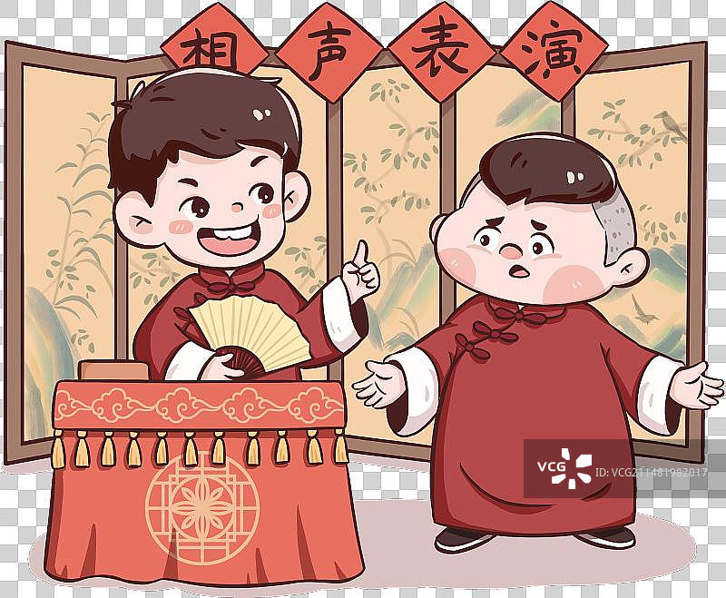 两个可爱的小男孩在中式屏风前进行相声表演图片素材