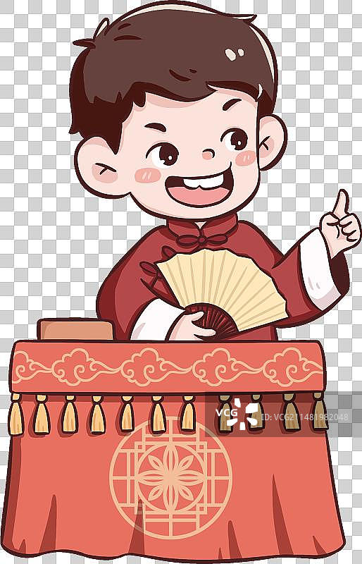 可爱小男孩拿着传统折扇站在表演桌前图片素材