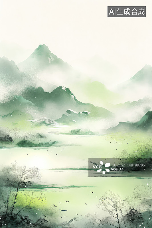 【AI数字艺术】春日山水风光淡彩水墨图片素材