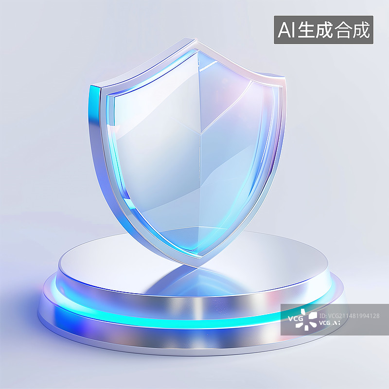 【AI数字艺术】水晶毛玻璃质感科技盾牌3D图标图片素材