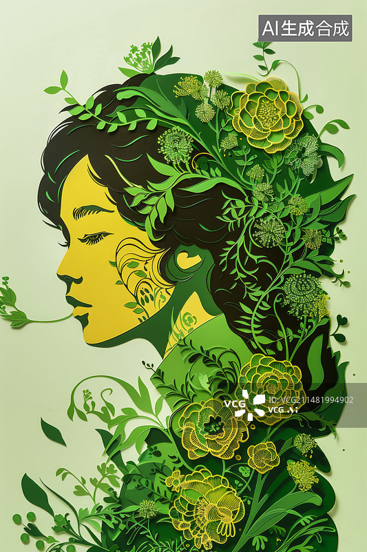 【AI数字艺术】精美的剪纸肖像：绿色和黄色图片素材