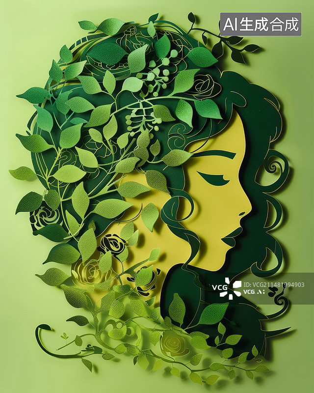 【AI数字艺术】精美的剪纸肖像：绿色和黄色图片素材