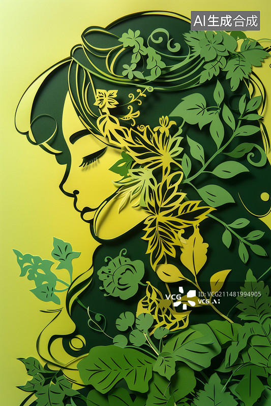 【AI数字艺术】精美的剪纸肖像：绿色和黄色图片素材