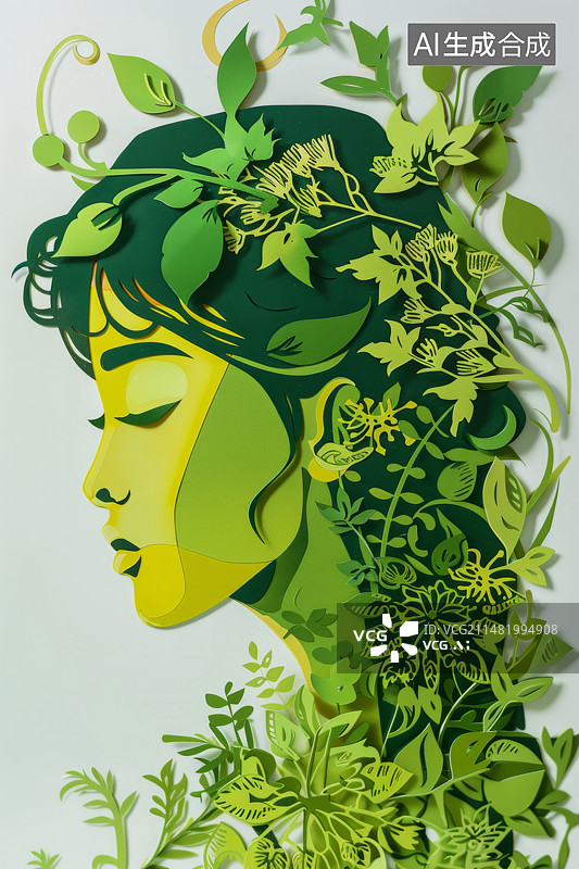 【AI数字艺术】精美的剪纸肖像：绿色和黄色图片素材
