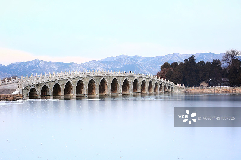 隆冬时节，北京西山脚下的颐和园十七孔桥与南湖岛图片素材