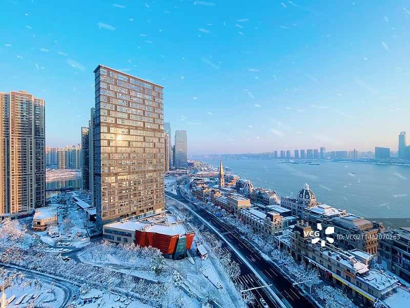 长沙冬日雪景城市风光航拍图片素材