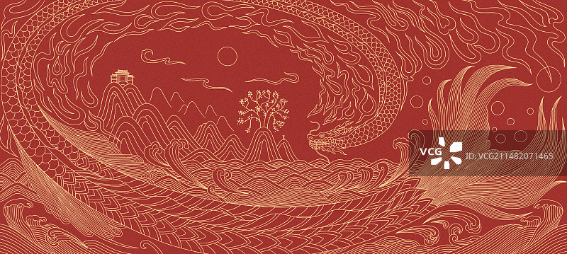 鱼化龙插画，中国风红金千里江山鱼化龙传承传统文化插画，龙年，考研考公高考金榜题名，中国神话新年春节龙图片素材