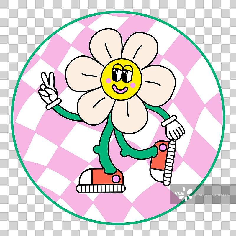 20世纪70年代卡通笑脸雏菊与迷幻网格图片素材