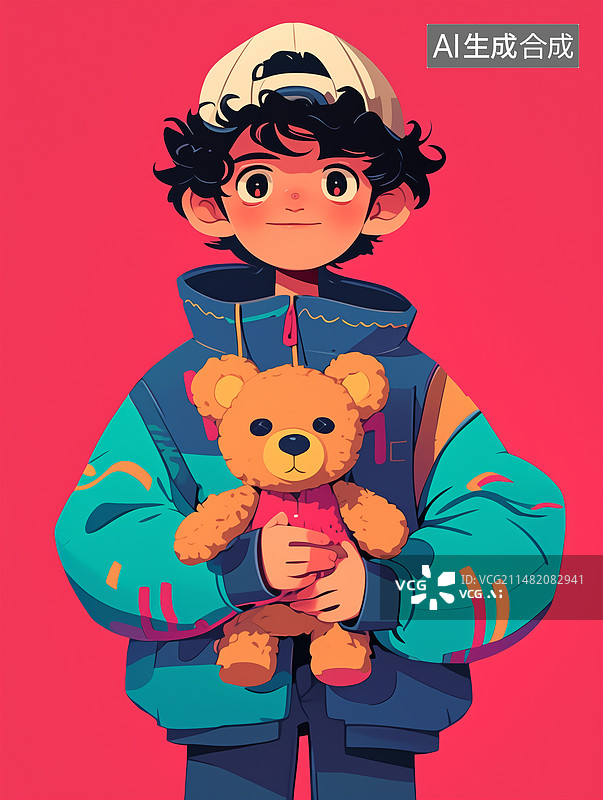 【AI数字艺术】插画风格，一个戴着鸭舌帽的男孩抱着一个棕色小熊图片素材