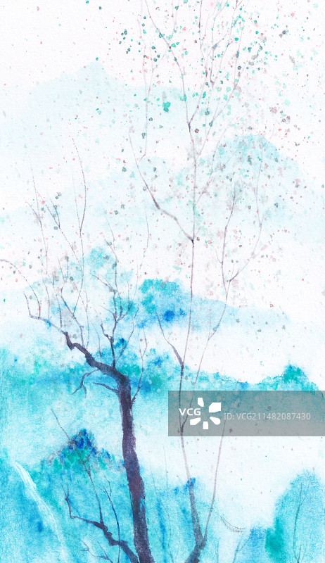 蓝色水彩山水古风场景图片素材