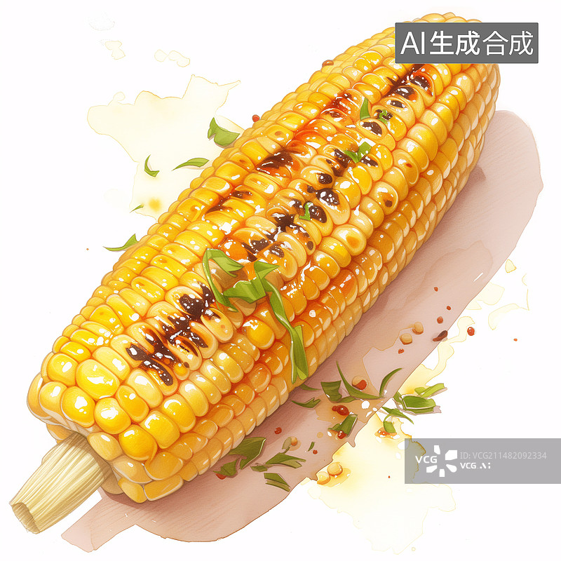 【AI数字艺术】一个美味的烤玉米烧烤水彩插画图片素材