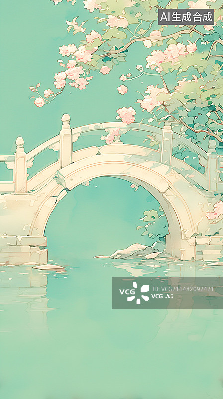 【AI数字艺术】碧绿的河面石拱桥桃花惊蛰节气水彩插画图片素材