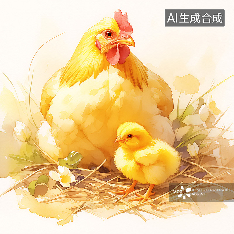 【AI数字艺术】一只母鸡和小黄鸡干草家禽水彩插画图片素材