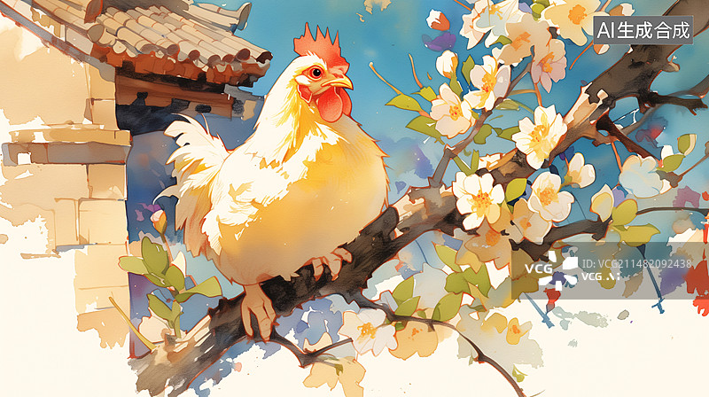【AI数字艺术】盛开的梨花树上一只老母鸡瓦房家禽水彩插画图片素材