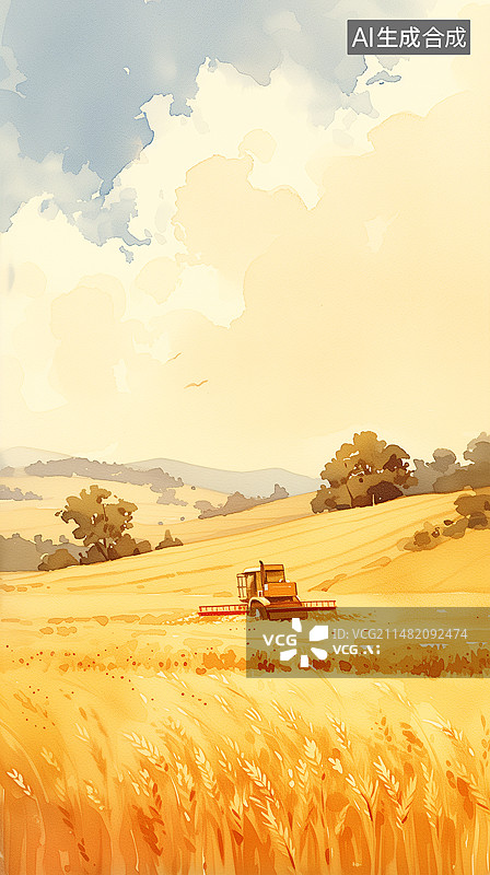 【AI数字艺术】金黄麦穗麦田收割机粮食丰收芒种节气插画图片素材