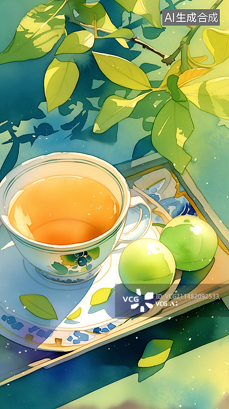 【AI数字艺术】一碗青梅酒果酒青梅盘子叶子立夏节气插画图片素材