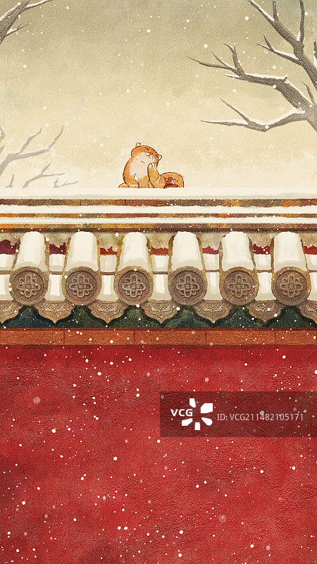 红墙白雪一只大橘图片素材