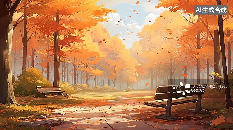 【AI数字艺术】秋天公园里空荡荡的长凳图片素材
