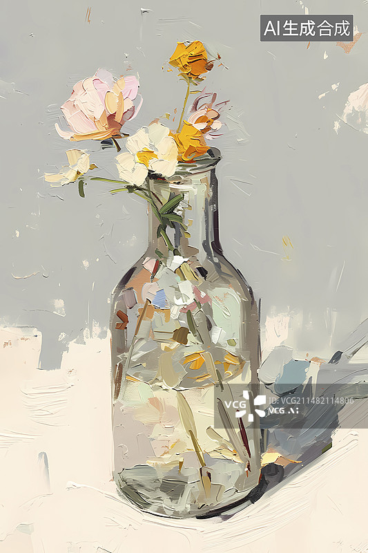 【AI数字艺术】厚涂粗笔触印象派莫兰迪花束和花瓶背景海报装饰画图片素材