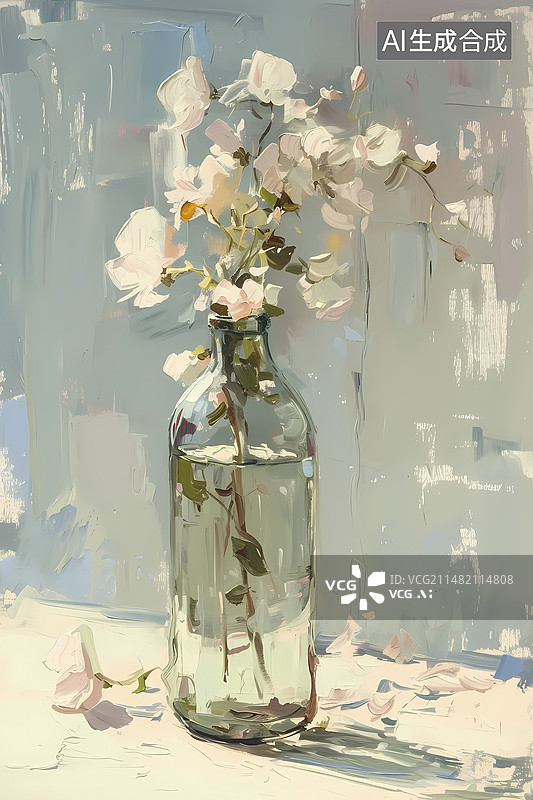 【AI数字艺术】厚涂粗笔触印象派莫兰迪花束和花瓶背景海报装饰画图片素材